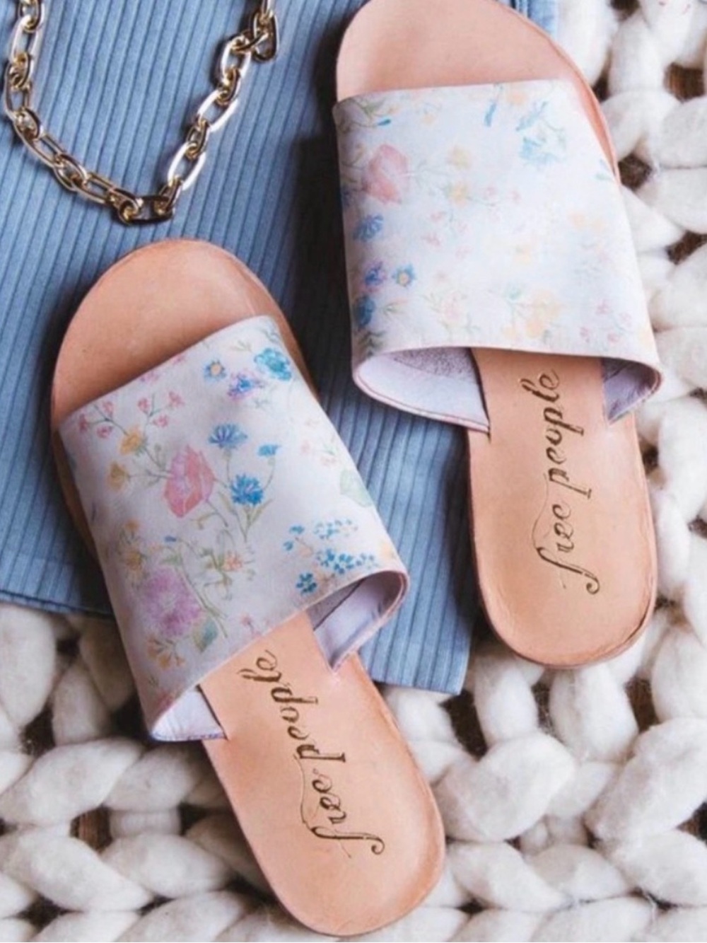 Free People Vicente Leather Slide Sandals in the "Natural Floral" print